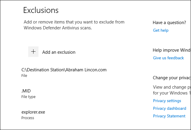 A list of Windows Defender scan exclusions in Windows 10