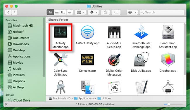 Locating Activity Monitor in Finder on a Mac.