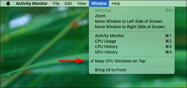 Click Window in the menu bar, and then click Keep CPU Windows on Top.