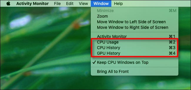 The usage options in the Window menu.