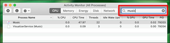 Use the search box in Activity Monitor to search for processes on a Mac.