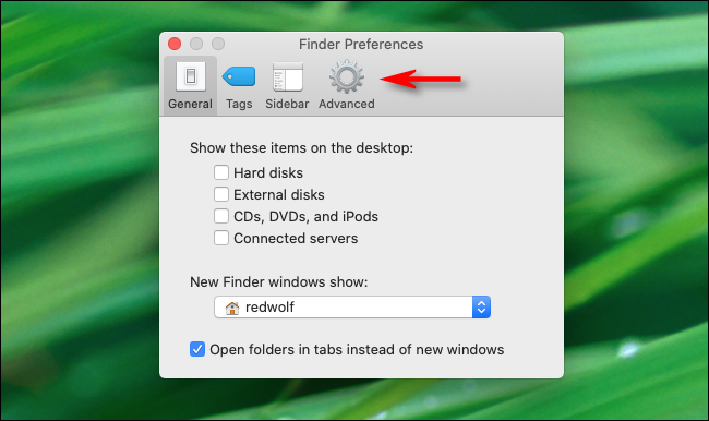 Click Advanced button in Finder Preferences in macOS