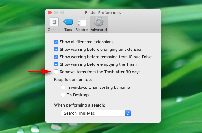 Check Remove items from the Trash after 30 days in Finder Preferences on Mac