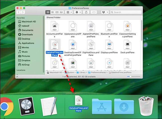 Dragging a preference pane file to the Dock on Mac.