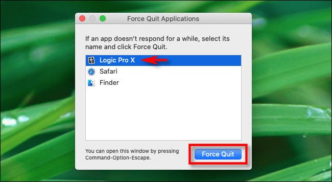 The Force Quit Applications dialog on a Mac.