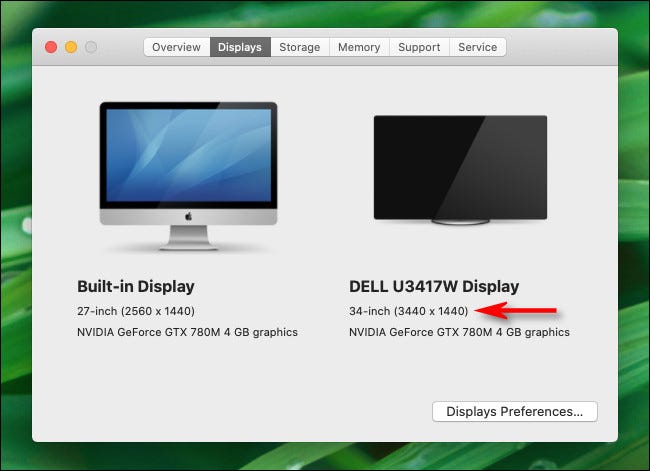 In the About This Mac Displays tab, you will see the resolution of your multiple monitors on Mac.