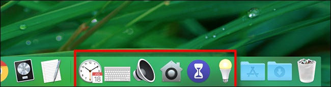 Several preference pane shorcuts located in the Mac Dock.