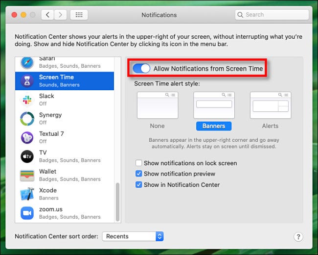In Notifications preferences for Screen Time, click Allow Notifications from Screen Time to turn it off.