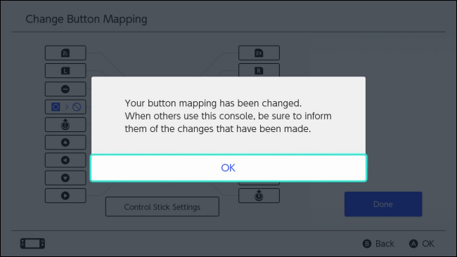 Confirmation of button remapping on Nintendo Switch
