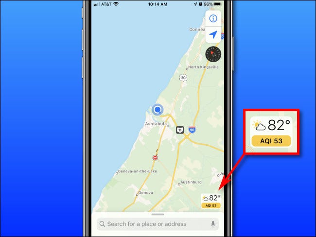 Checking Air Quality Index (AQI) on an iPhone with Apple Maps.