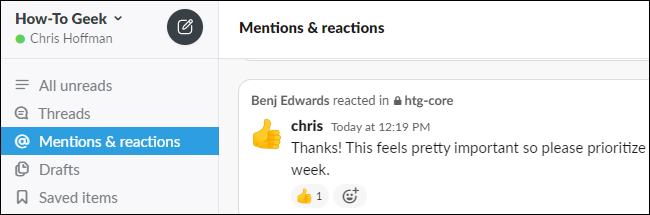 Viewing mentions and reactions in Slack.