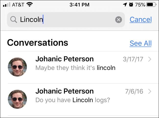 Search results in Messages for iPhone