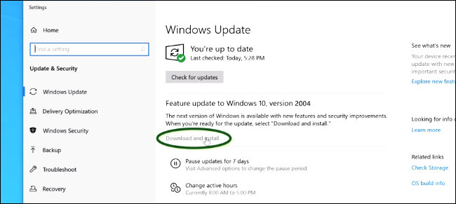 Installing the May 2020 Update from Windows Update