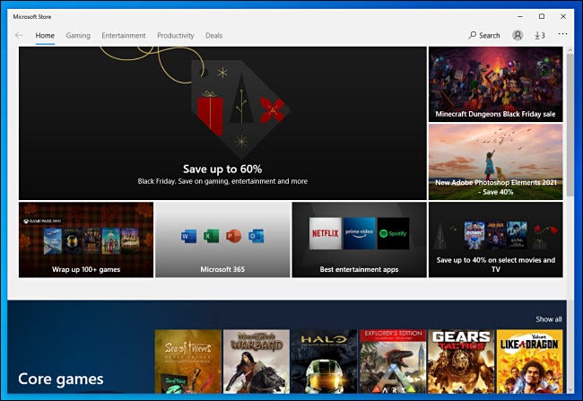 An example of the Home screen in the Microsoft Store for Windows 10.