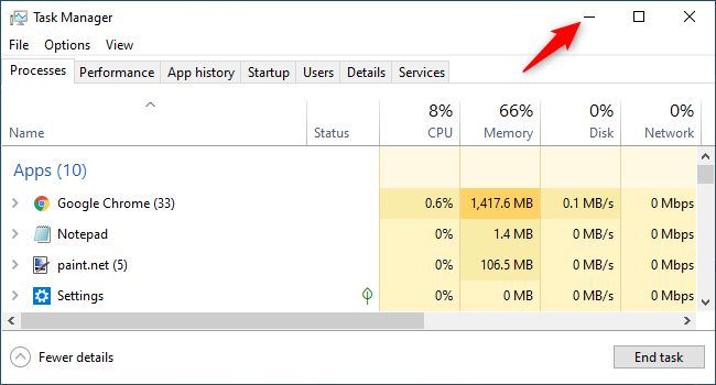 Minimizing the Task Manager and hiding it from Windows 10's taskbar.