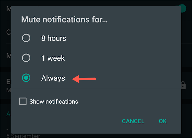 Select Always to mute a WhatsApp chat forever