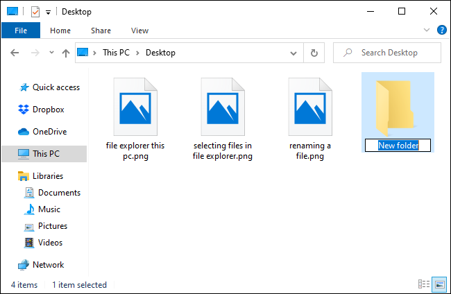 Creating a new folder in File Explorer.