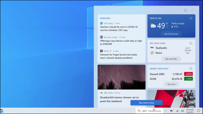 The News and Weather panel on Windows 10's taskbar.