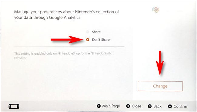 On the Nintendo eShop Google Analytics options page, select Don't Share, then select Change.