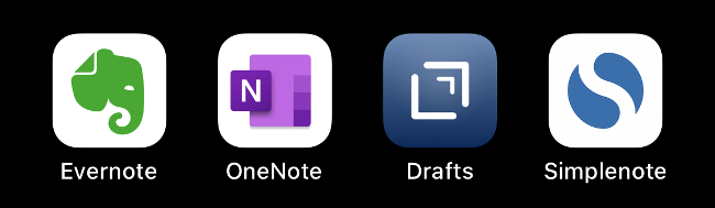 The Evernote, OneNote, Drafts, and Simplenote icons.