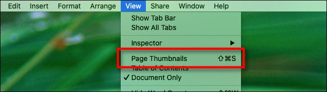 A keyboard shortcut next to Page Thumbnails in the View menu in Pages.