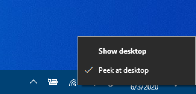 Windows 10 Show Desktop Button Right Click Menu - Check Beside Peek at Desktop