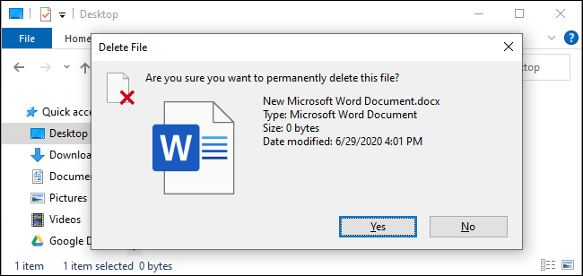 The confirmation prompt when deleting a file with Shift+Delete.