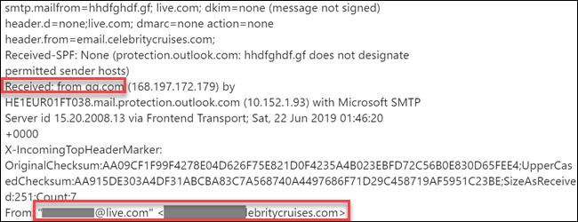 Email header showing two different email addresses: a person's email address and a spam address.