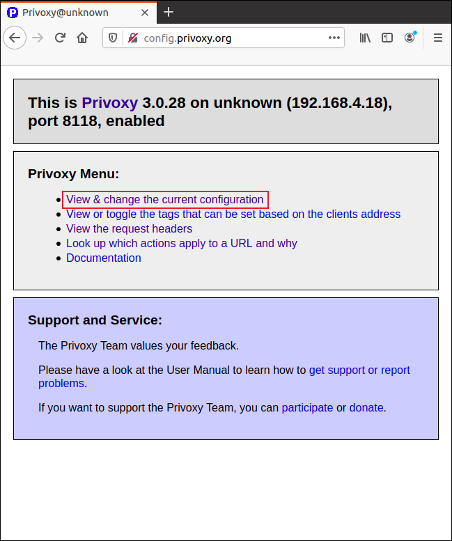 The Privoxy home page in a browser window.