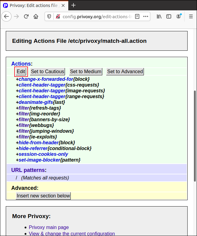 Click Edit in the Match-All.Action page in Firefox to adjust parameters. 