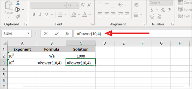 Plug your exponent into the =Power(number,power) formula.