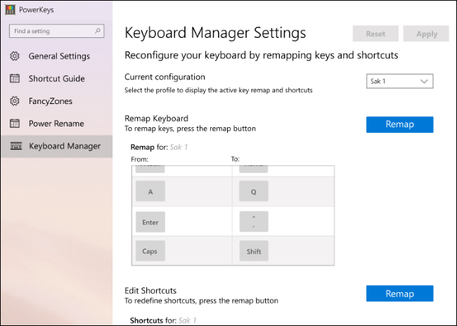 An early version of Keyboard Manager settings in PowerToys.