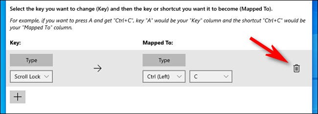 In PowerToys, click the trash can icon to delete a key mapping.