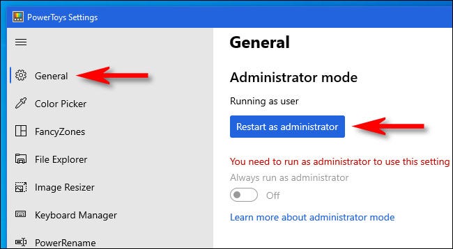 Click General, then click Restart as Administrator.