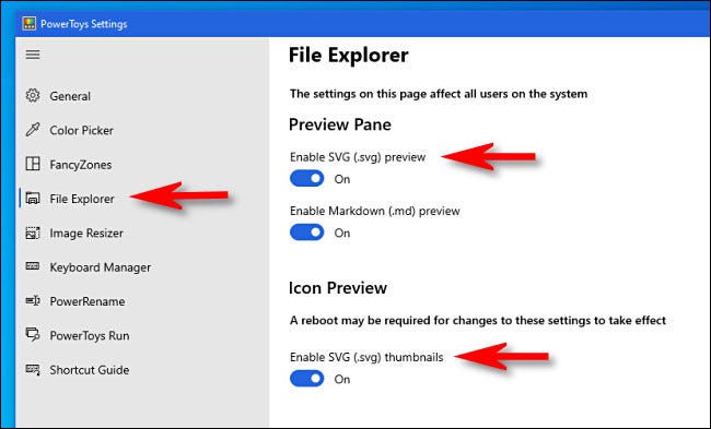 Open PowerToys Settings and click File Explorer to see SVG options.