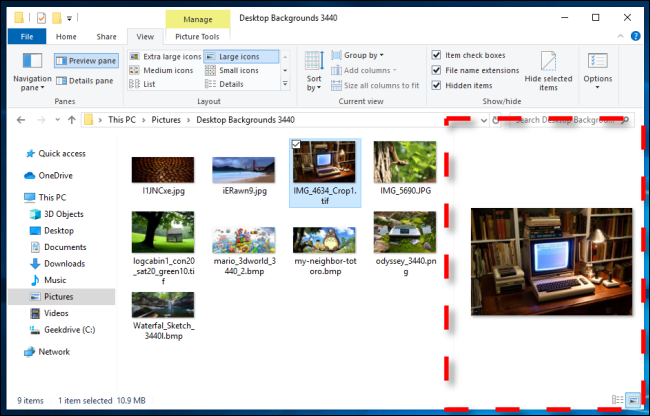 Example of Preview Pane in Windows 10 File Explorer