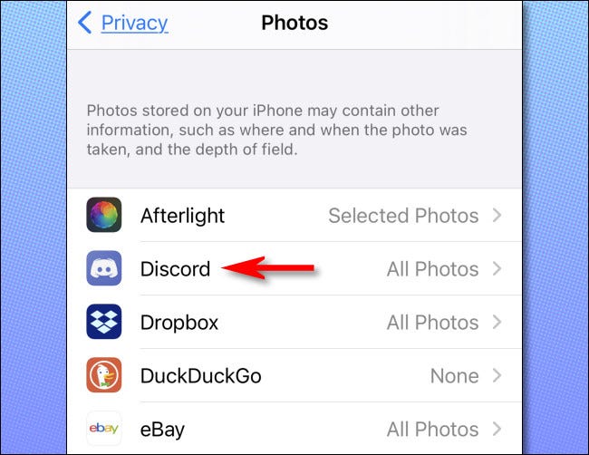 In the Photos privacy list on iPhone, tap an app name to change its settings.