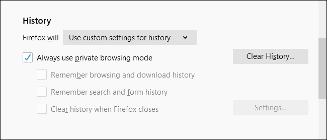 Always use private browsing mode checked in Firefox