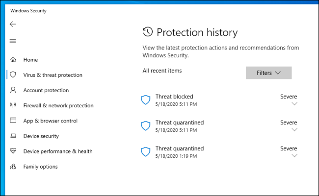 The Protection history list in Windows Security on Windows 10