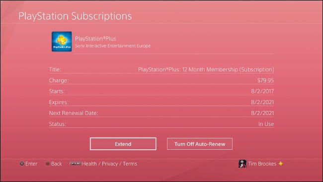 The PlayStation Subscriptions status menu on Playstation 4.