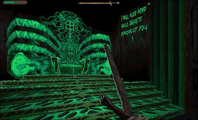 A creepy throne room in Realms of the Haunting.