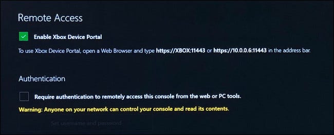 Remote Access Settings in Xbox Developer Mode