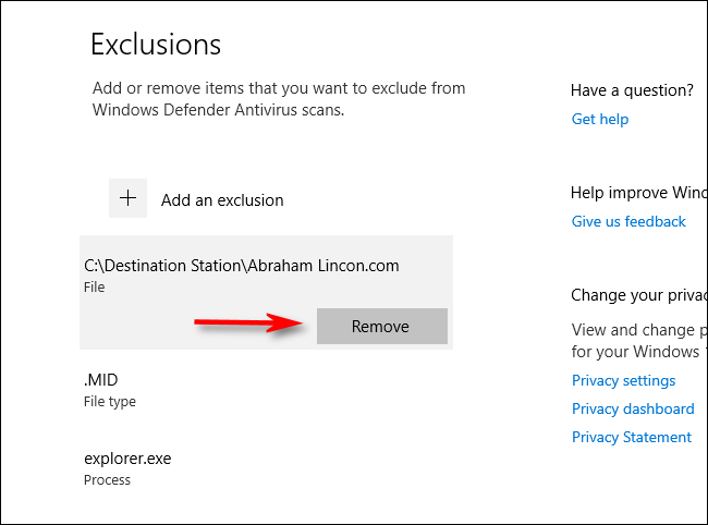 Removing an exclusion from Windows Defender scan settings in Windows 10