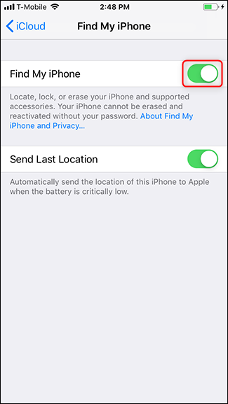 Turn off the toggle for Find My iPhone.