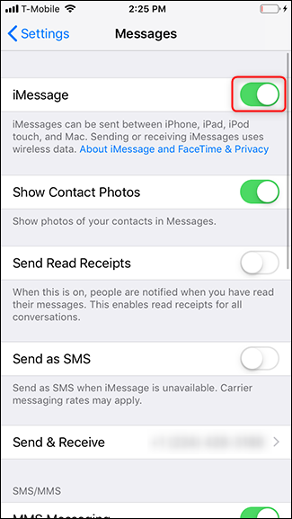 Turn off the toggle next to iMessage.