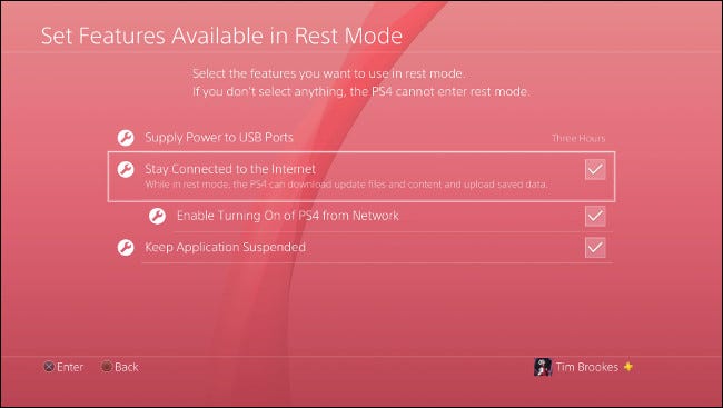 The Set Features Available in Rest Mode menu on PlayStation 4.