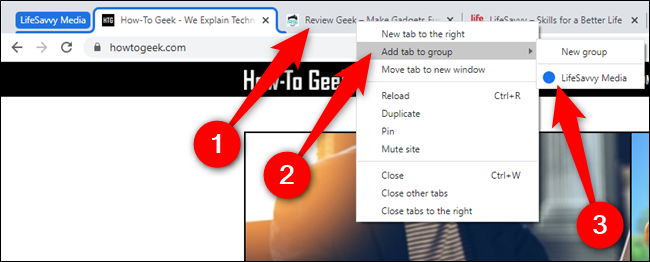 Right-click on a new tab, hover over Add Tab To Group, and then select a group