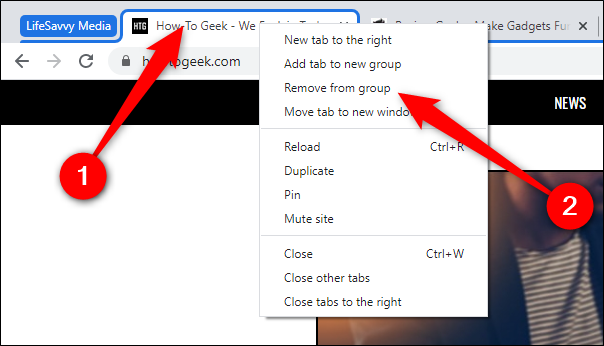 Right-click on a tab and then select Remove From Group
