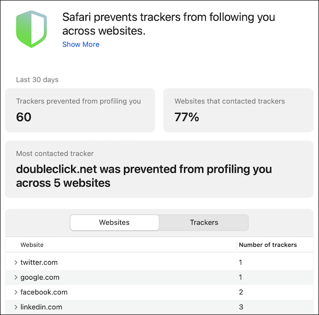 Safari privacy report with trackers