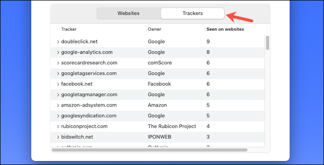 Check web trackers list on Safari